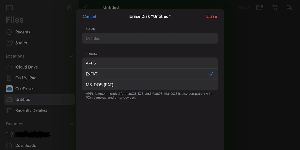 iPadで外付けドライブをフォーマットする | スクリーンショット